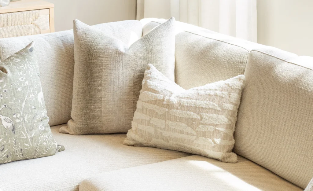 legant neutral sofa upholstered in textured luxury fabric with layered cushions, highlighting contemporary luxury upholstery care in a softly lit interior
