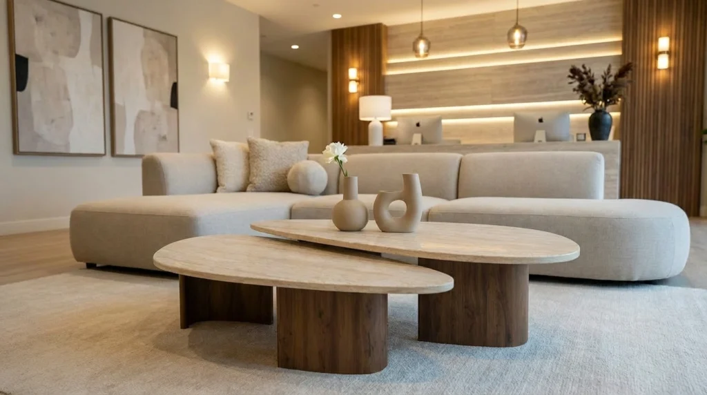 Contemporary interior featuring walnut furniture, including custom built-in shelving, sculptural dining and coffee tables, and refined living room furniture set within warm neutral spaces accented by marble, soft textiles, and natural light.