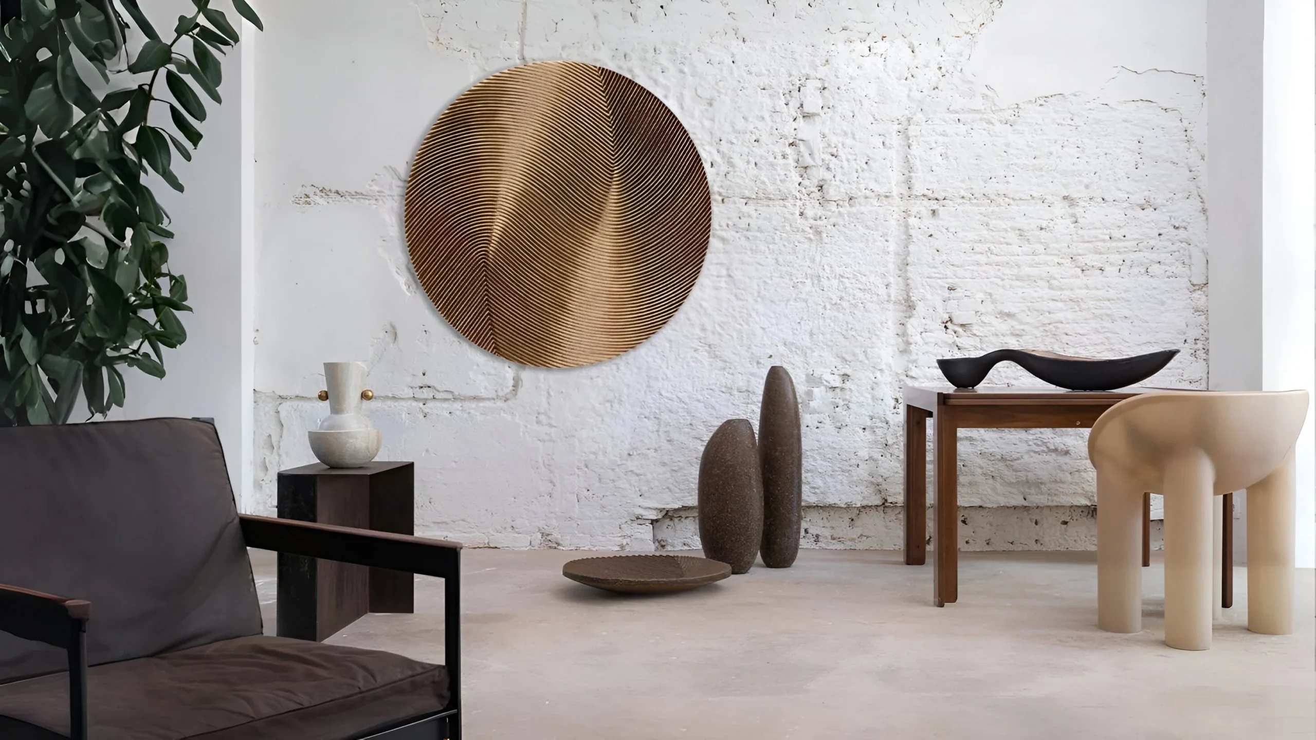 Curated contemporary interior showcasing artisanal objects, sculptural furniture, and textured materials, illustrating bespoke interior design and cultural depth in modern luxury spaces.