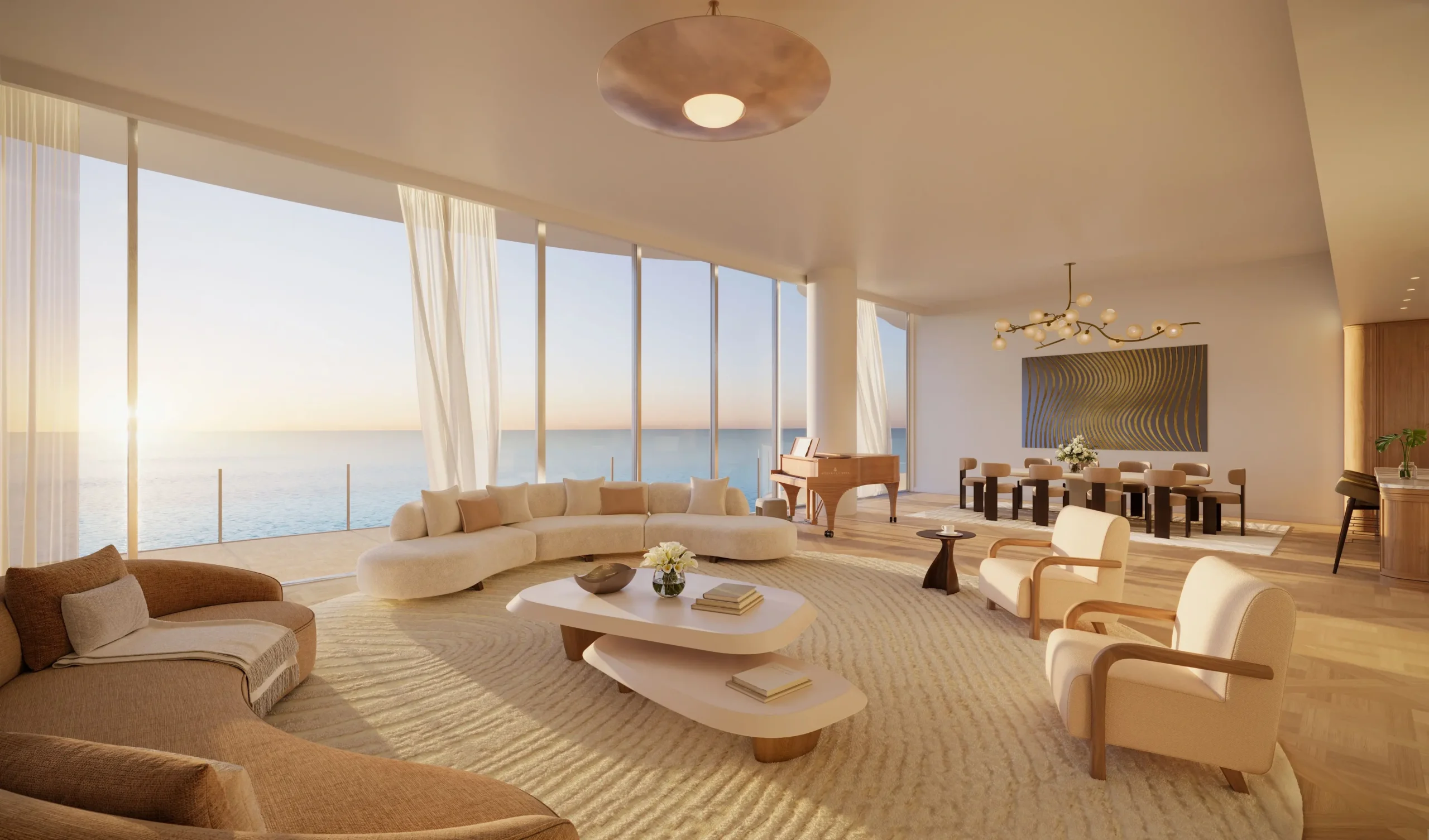 Expansive open-plan luxury living room in a Miami waterfront penthouse with floor-to-ceiling glass walls, contemporary designer furnishings, and panoramic ocean views flooding the interior with natural light.