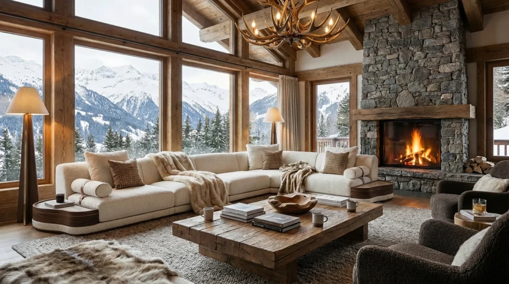 Luxury modular sofas showcased in refined contemporary living rooms, from expansive alpine-view interiors and warm chalet-style lounges to minimalist urban spaces, highlighting contemporary sofa design, flexible seating solutions, premium materials, and modern living room elegance in 2026.